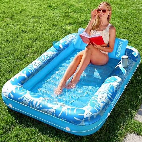SLOOSH Inflatable Tanning Pool Lounger Float, 70' x 46' Pool Floats Adult with Pillow, 4 in 1 Suntan Tub Raft Floatie,Sunbathing Bed Lounge for Water Blow Up Kids Ball Pit Party Gifts, L-Blue