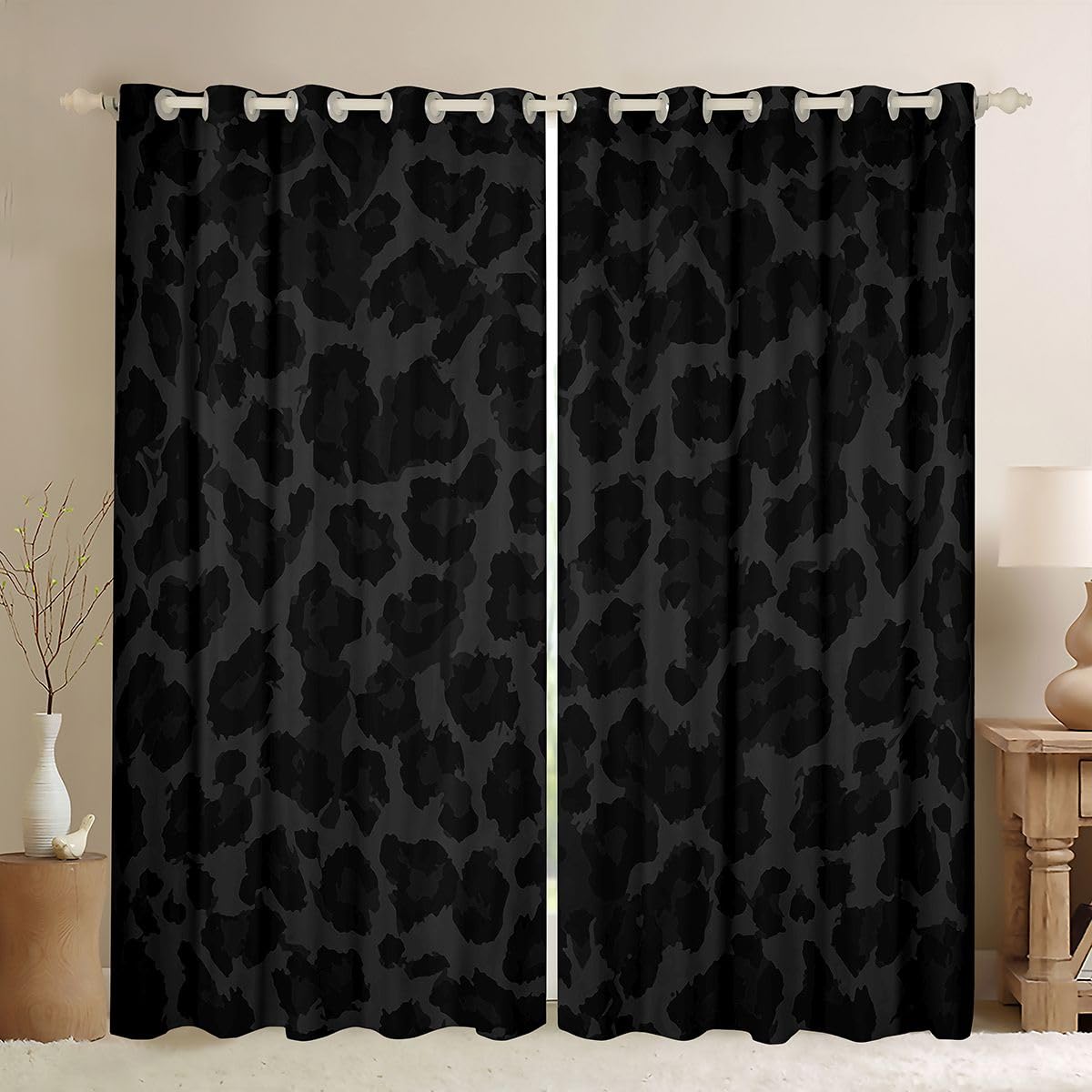 Homewish Czarno-szare zasłony okienne z nadrukiem panterki, 117 x 183 cm, 2 zestawy paneli - zasłony zaciemniające z nadrukiem geparda 2D, nadruk zwierzęcy, zasłony okienne, afrykańska dzika przyroda