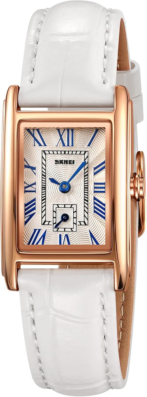 Women Quartz Watch Lady Stylish Rectangle Dress Watch with Leather Strap and Blue Crystal Crown