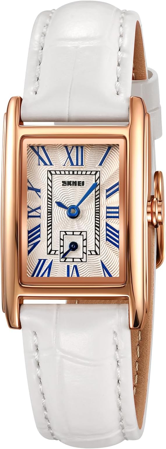 Women Quartz Watch Lady Stylish Rectangle Dress Watch with Leather Strap and Blue Crystal Crown