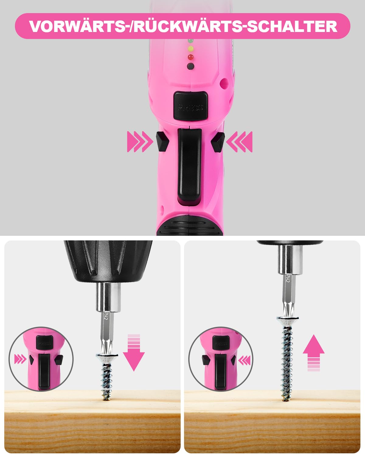 DEWINNER Destornillador Eléctrico Rosa 3N.m 1300mAh – Kit Taladro Destornillador Inalámbrico Recargable con Luz LED, Cable USB – Ideal para Bricolaje, Montaje de Muebles y Reparaciones Domésticas