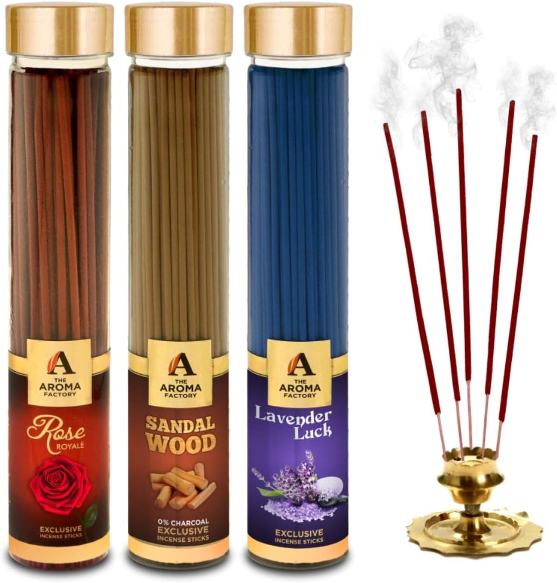 The Aroma Factory Rose Royal Sandalwood Chandan & Lavender Incense Stick Agarbatti (Zero Charcoal & 100% Herbal) Bottle Pack of 3 x 100