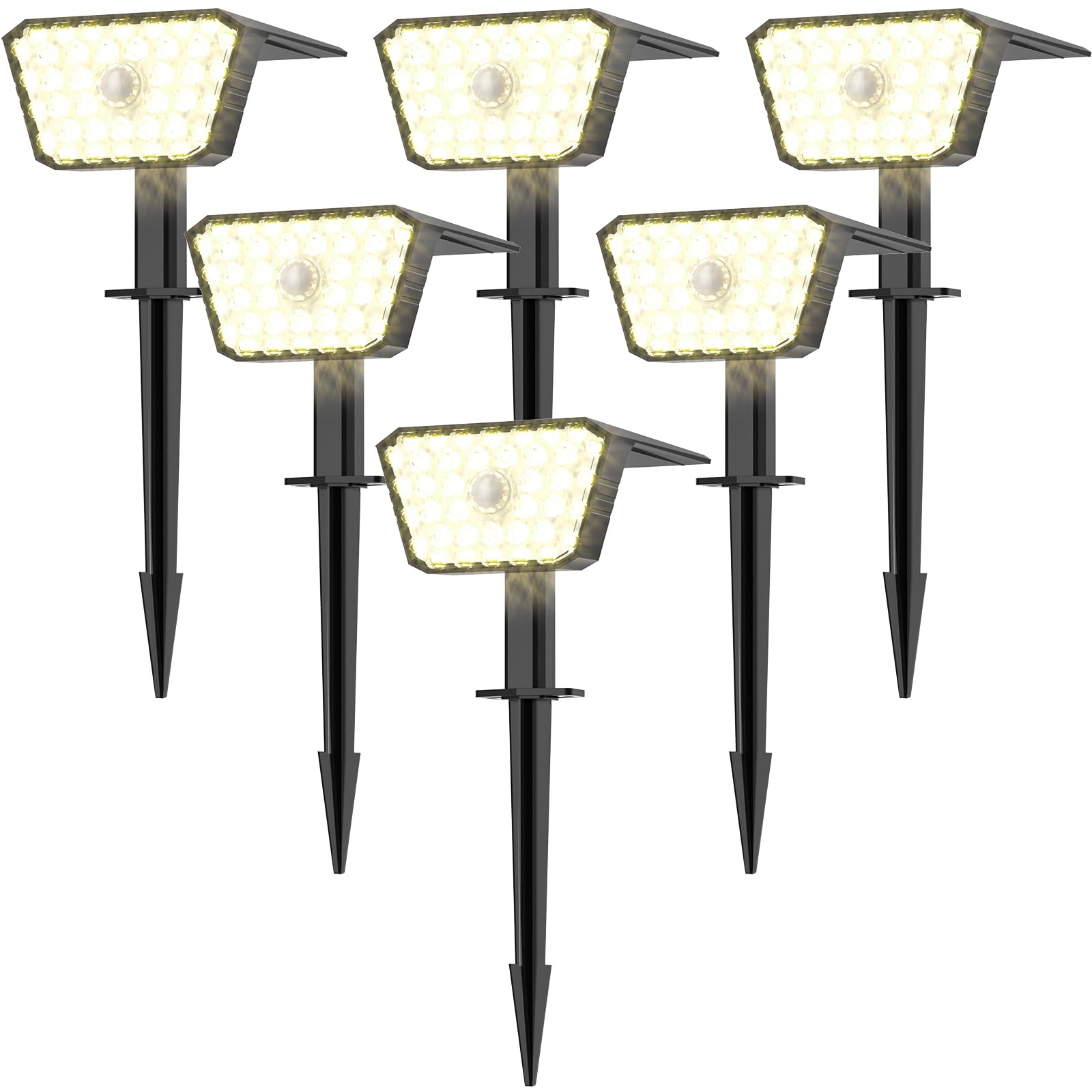 Luci Solari da Giardino con Sensore di Movimento, Lampade Solari da Esterno 6 Pezzi, 4 Modalità di Lavoro, IP67, Installazione a Parete o a Terra per Cortile e Garage - Bianco Caldo