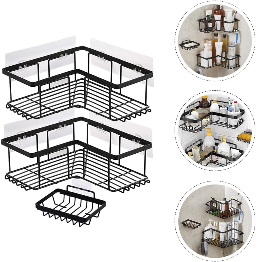 Corner Shower Organizer Set 3pcs Black Adhesive Corner Shower Shelves with Soap Holder Wall-mounted No Drilling Bathroom Storage