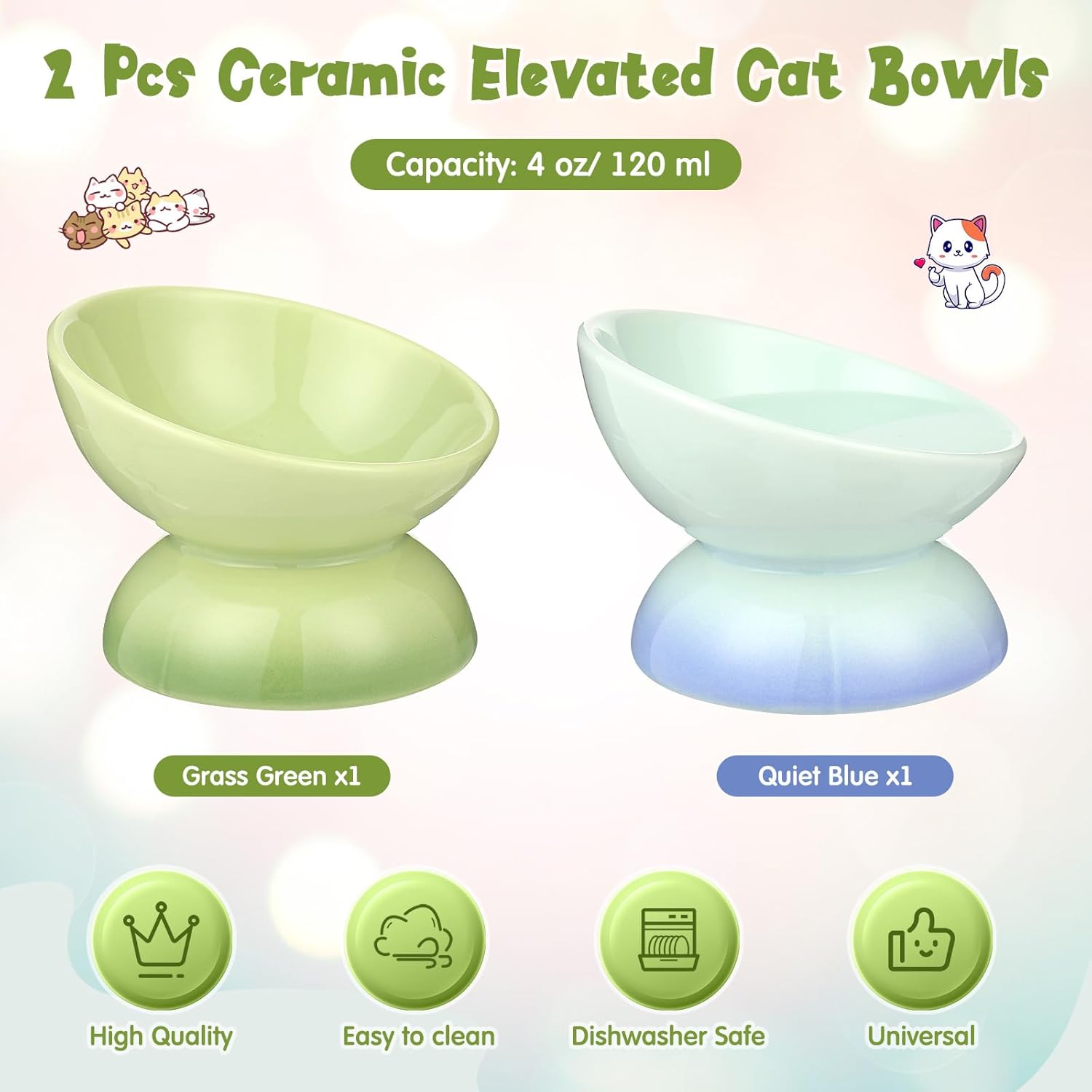 Hushee 2 Pcs Elevated Cat Food Bowl Ceramic 15 Degree Raised Cat Water Bowl 4 oz Slanted Tilted Anti Vomiting for Kitten Small Dogs Pet, Dishwasher Microwave Safe