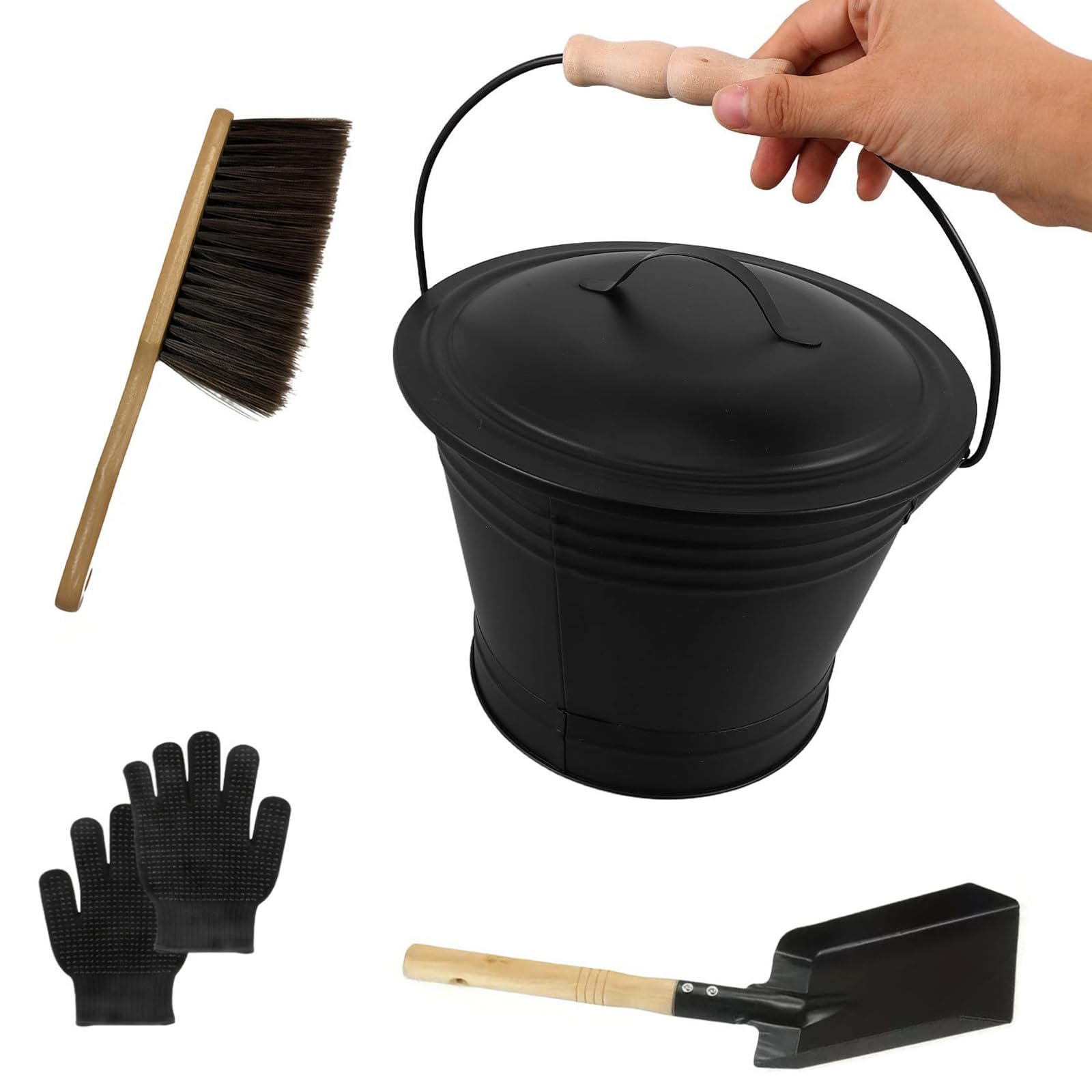 Leakproof Ashes Disposal Bucket with Ergonomic Handle Includes Fireplaces Cleaning Tool Shovel Brush Gloves Galvanized Steel Ashes Bucket