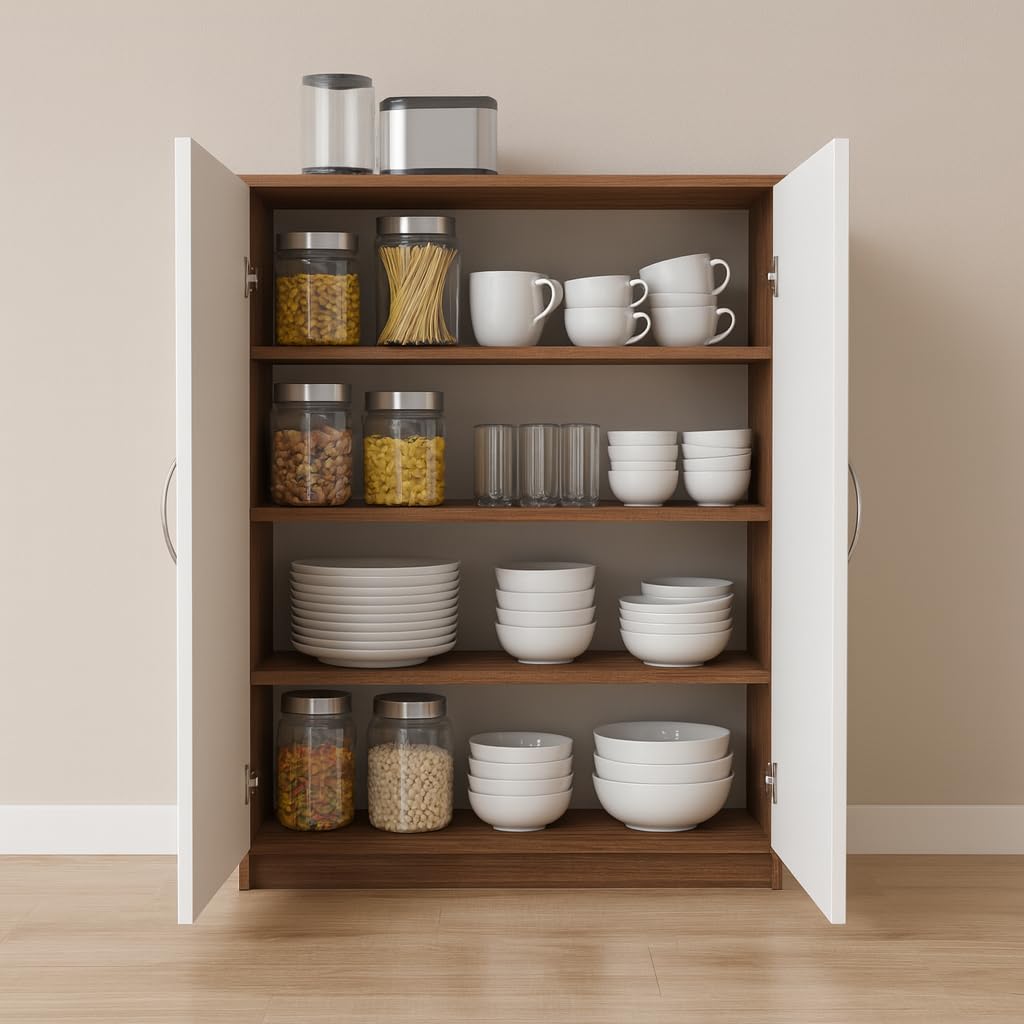 Nityam Wooden Kitchen Cabinet Storage Rack with Door, 3 Shelf for Kitchen Storage Accessories, Crockery Cabinet Unit Almari (Color_Cherry Pine & White)-image-38