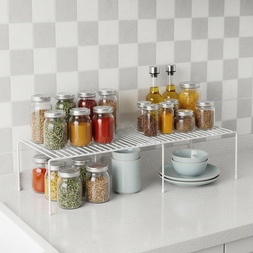 4-Pack Expandable Medium (13.4-25.1x9inch) Kitchen Organizer Rack, Kitchen Shelves for Spice Organization for Cabinet, Pantry Organizers and Storage, Spice Rack, Desk Organizer, White
