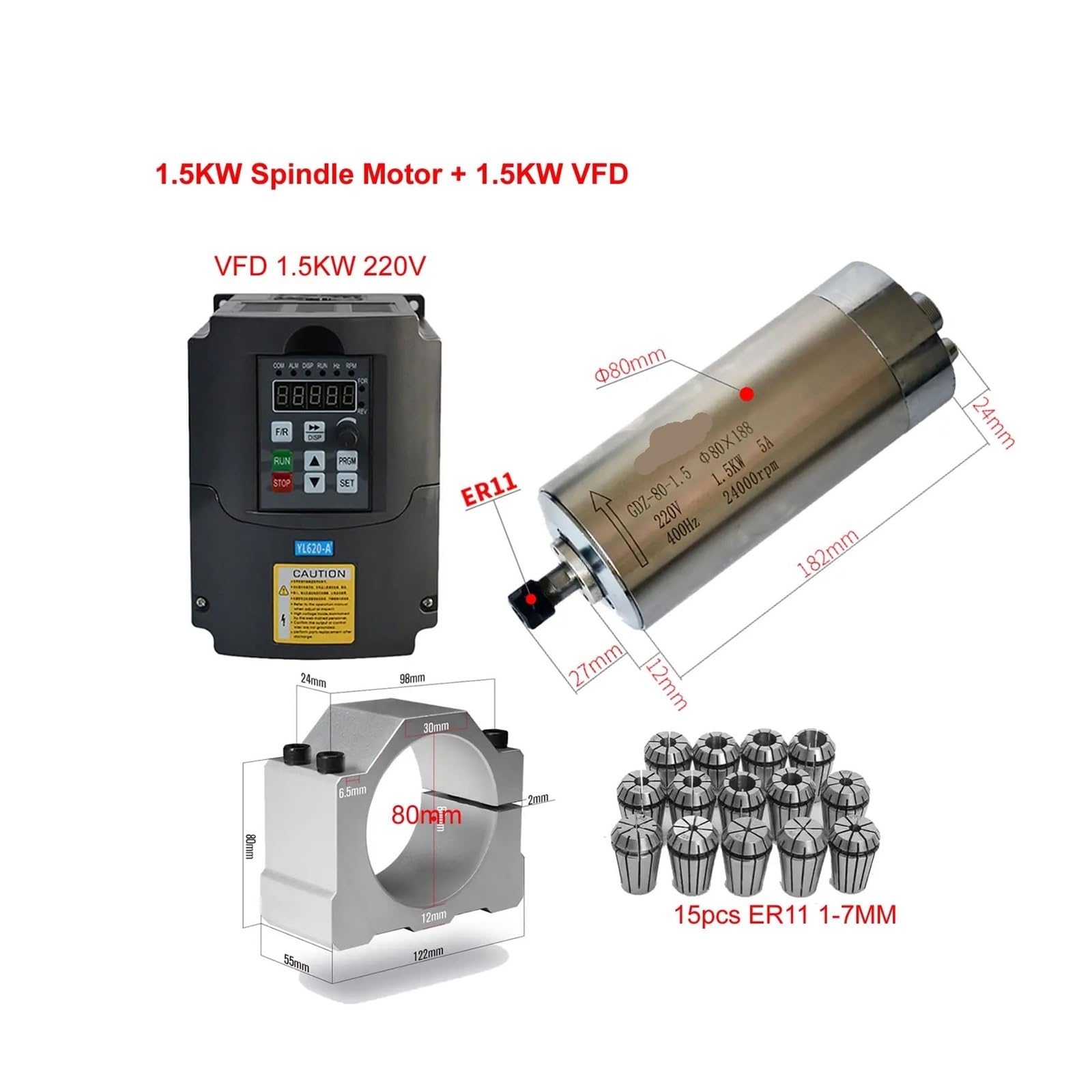 CNC 2.2KW 1.5KW Convertitore di Frequenza 220V VFD Inverter Driver di Frequenza Variabile 800W 1500W 2200W Motore Mandrino ER11 ER20 Mandrino(VFD 1.5KW-1.5W Motor)