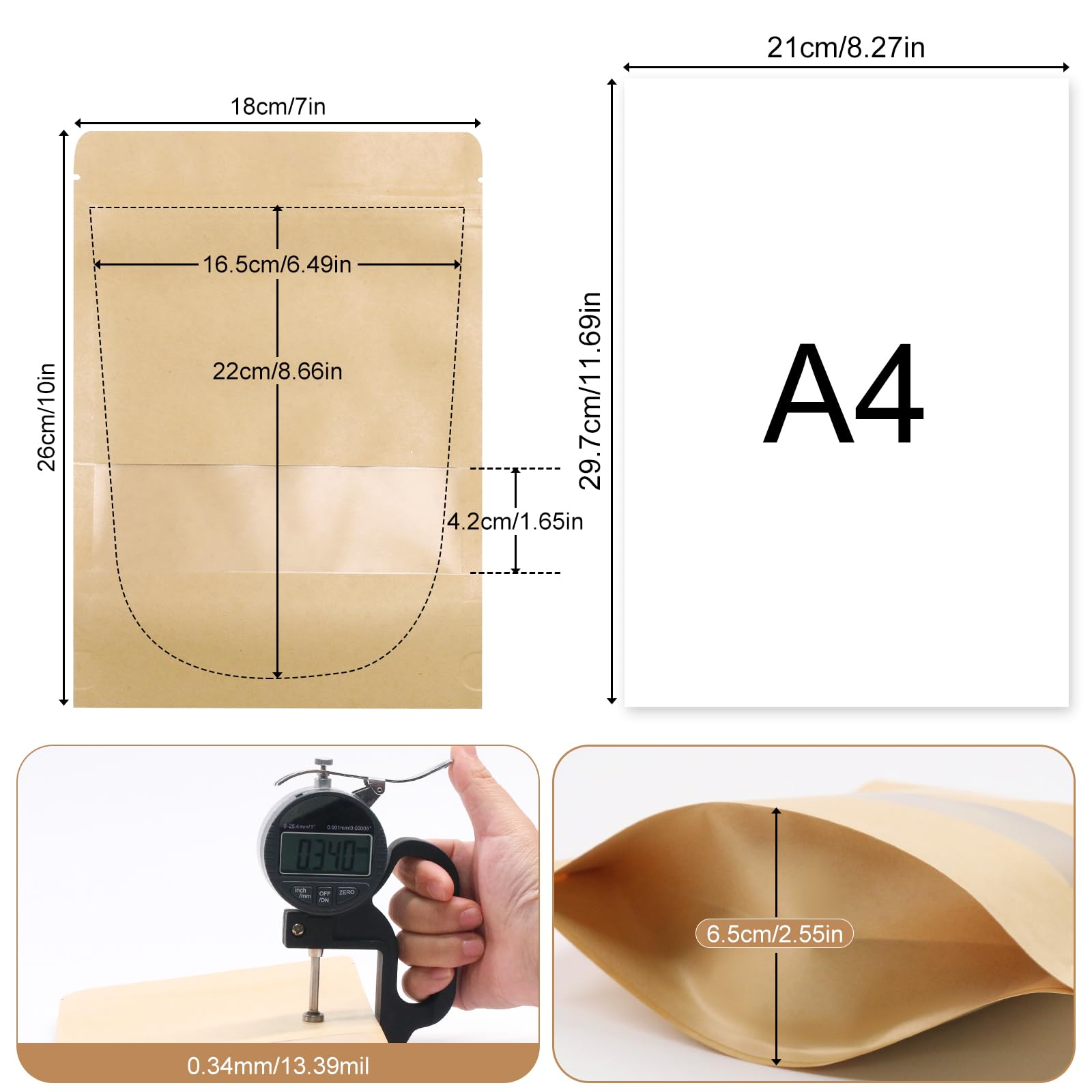 SumDirect 50Pcs 18x26cm Sac Papier Kraft Zip Fermeture à Glissière Éclair Stand Up Sachet Plastique Alimentaire Grand Pochettes Avec Cran et Matte Fenêtre