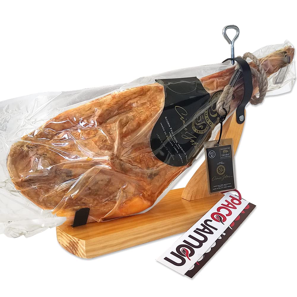 Jamón Ibérico de Bellota Cinco Jotas 5J, 100% Raza Ibérica, 16-17 Libras, 4 Años de Curación, 40-50 Porciones, Importado de España
