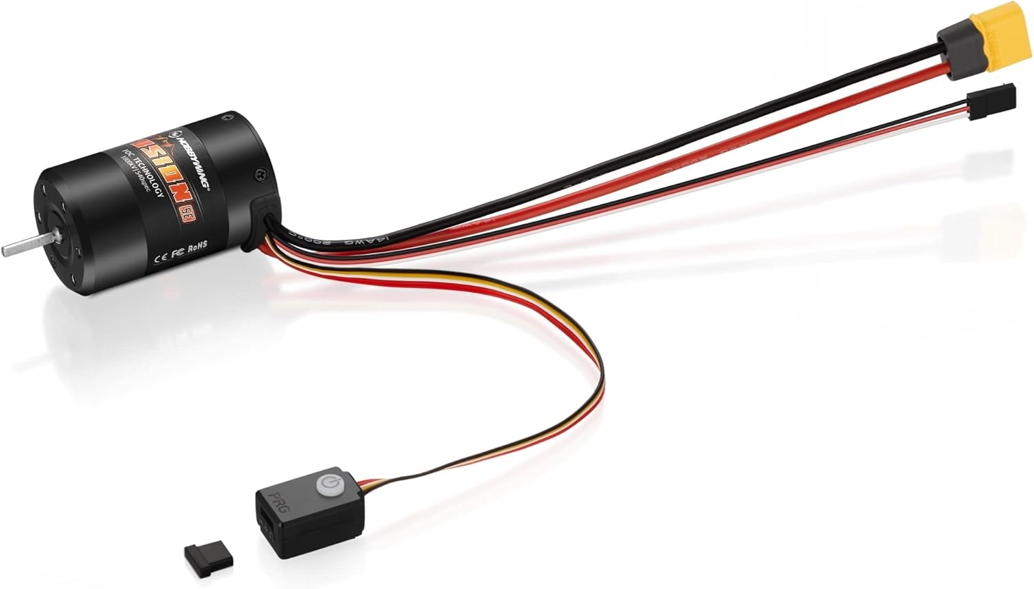 The Hobbywing Quicrun Fusion SE with its integrated wires, battery connector, receiver connector, and the electronic switch with a programming port.