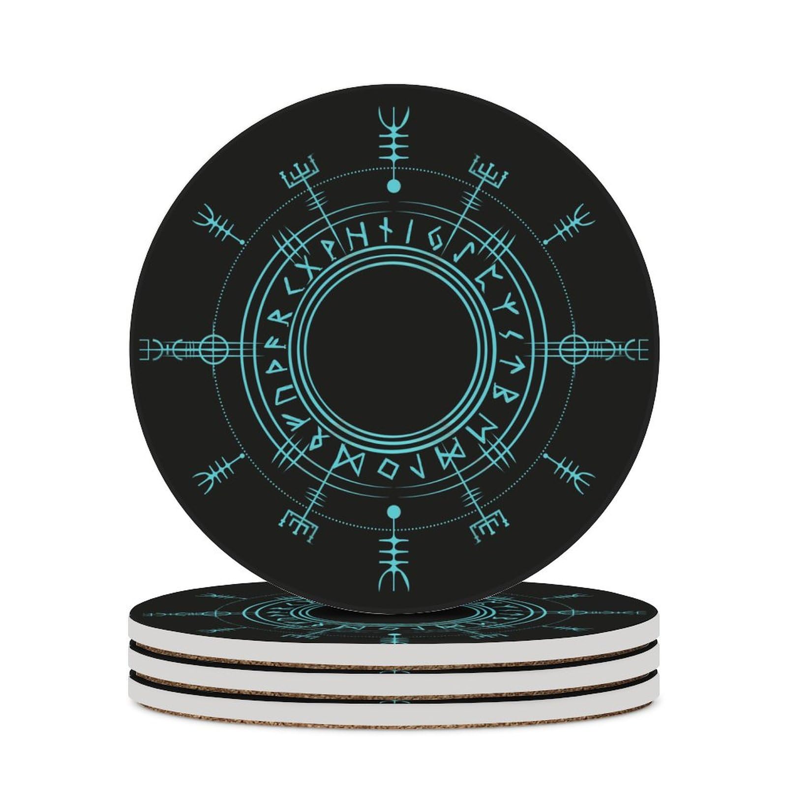 Drink Cup Coasters Mats 1-6 Sets Viking Runic Blue Compass, Washable Saucer for Coffee Beer Wine, House Warming Decor, Wedding Gift, 4" (10cm)