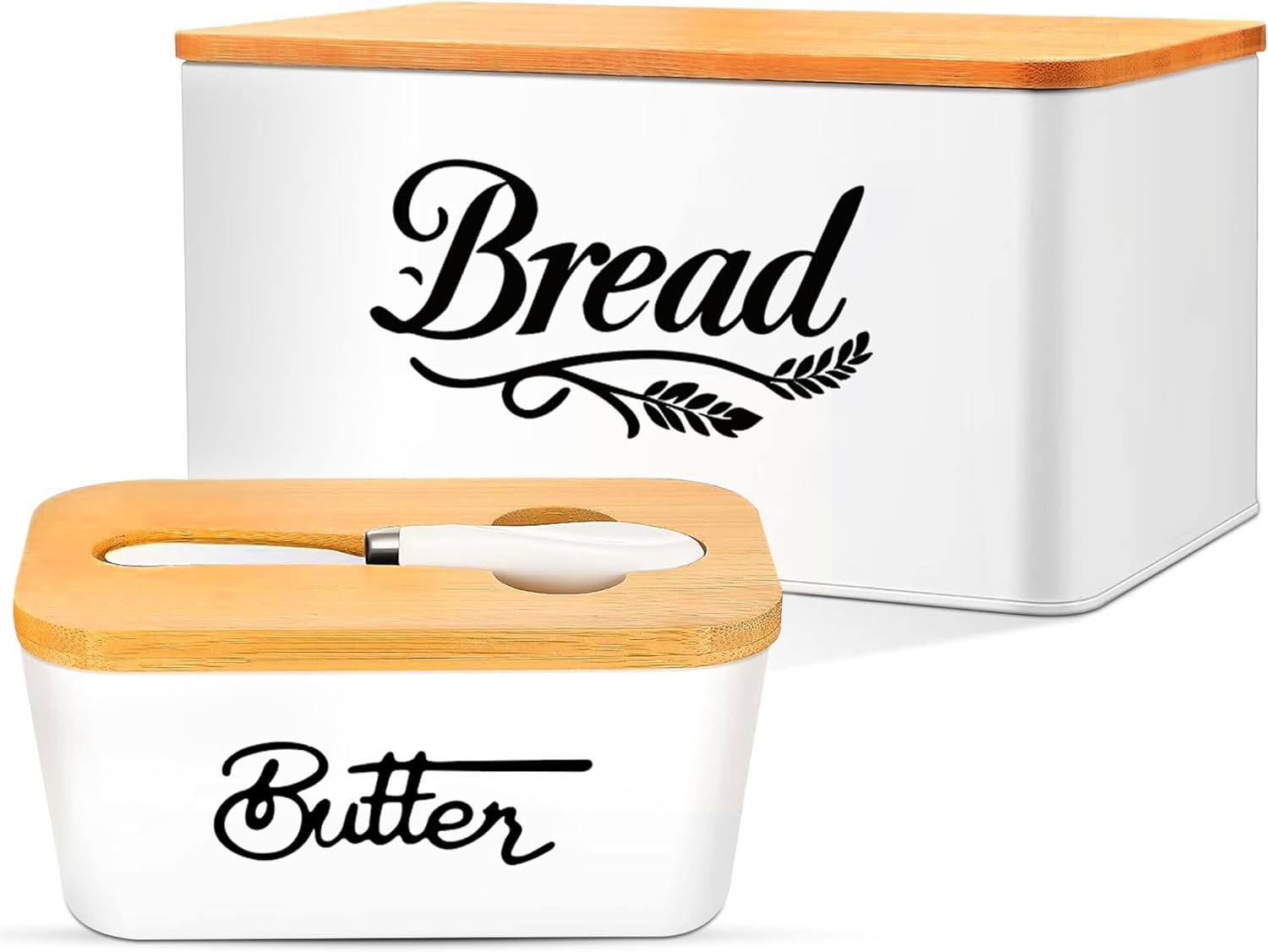 Bread Box for Kitchen Countertop, Bamboo Bread Bin with Cutting Board Lid, Ceramic Butter Dish with Lid & Knife, Bread Holder for Homemade Bread, Bread Storage, White Bread Box
