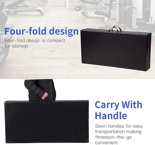Miniatura 3 de Colchoneta de gimnasia para niños y adultos, plegable, extragruesa, con asa de transporte, 6 x 2 pies, antidesgarros, ligera, esterilla de ejercicio