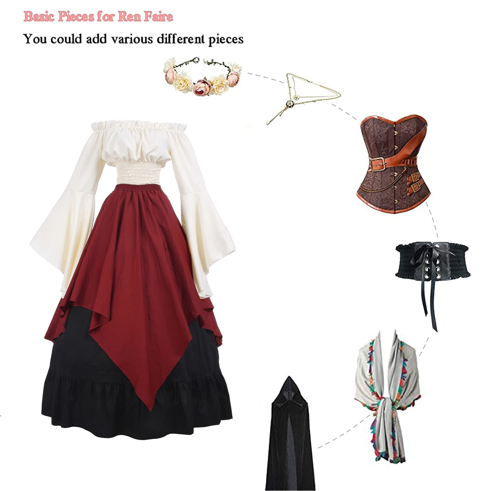 CR ROLECOS Costume de la Renaissance pour femme - Robe de paysanne médiévale à manches trompette - Chemise et jupe victoriennes