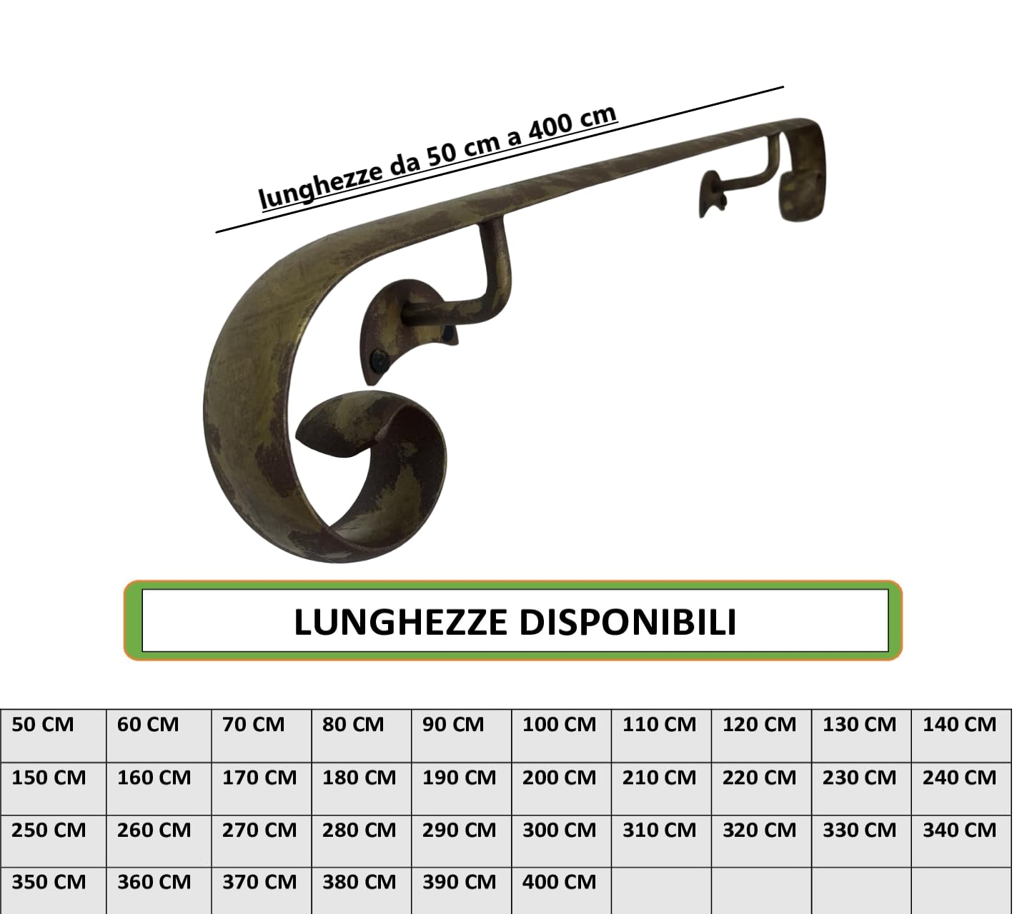 Corrimano in Ferro Battuto Modello Napoli | Lunghezze da 50 a 400 cm | per uso interno ed esterno | fai da te (Bronzo Anticato, 320 cm)