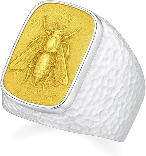 Miniatura 1 de CAPRIXUS Mens Signet Ring 925 Sterling Silver Ring Bumblebee Honey Bee Ring 24K Gold Vermeil Two Tone Hammered Hammered Handmade Rings for Men and