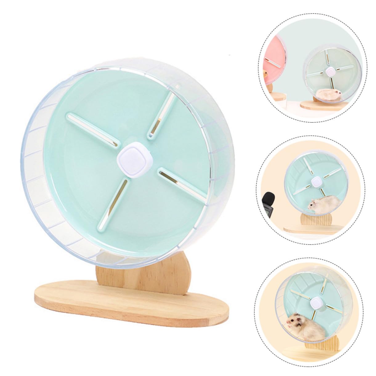 WOONEKY Rueda Silenciosa para Hámster y Erizo 20 Cm de Plástico Soporte de Madera para Jaula, Rueda Compacta y Estable para Pequeños Roedores Mascotas