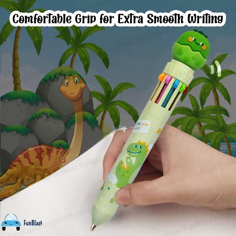 Image of FunBlast 10 In 1 Ball Pens for Writing, Cartoon Design Lightweight Ball Pen with Comfortable Grip for Extra Smooth Writing, Stationery for School & Office, Birthday Return Gift (Dinosaur)