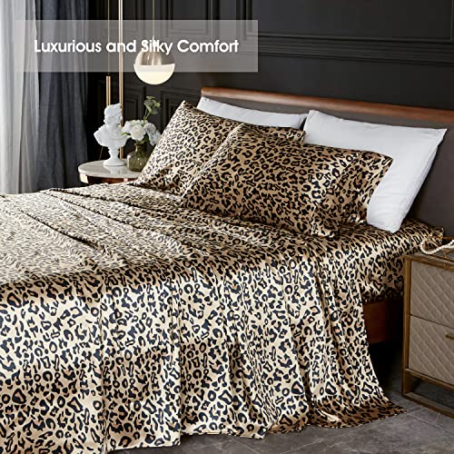 Hengwei Satin Sheets Queen Size - 4 Pc Silky Bed Sheet Soft, Wrinkle-Free,Stain Resistant Satin Sheet Set With 1 Deep Pocket Fitted Sheet, 1 Flat Sheet, 2 Pillow Cases, Printed Yellow Leopard #TOP3