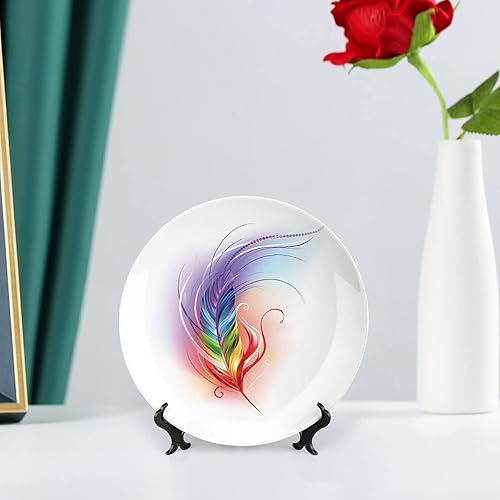 Miniatura 6 de XISUNYA Plato decorativo de 6 pulgadas, plato de cerámica arcoíris, pluma de arco iris dibujada en arte impreso, placa de exhibición para cenas