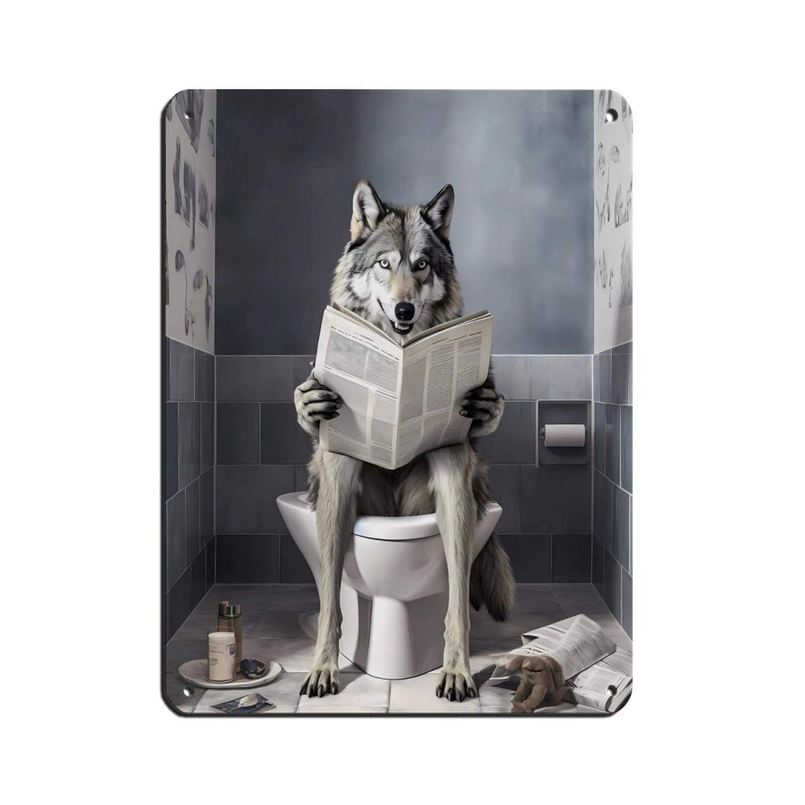 FUNNY BATHROOM Wolf, Poster Retro Poster Metal Tin Sign Chic Art Retro Iron Painting Bar People Cave Cafe Family Garage Poster Wall Decoration 12x16inch(30x40cm)
