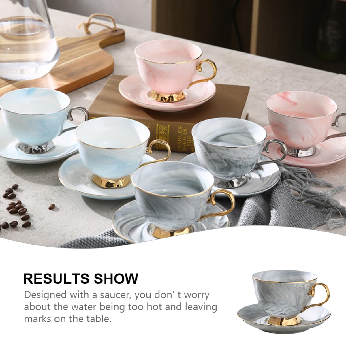 Juego de Taza y Platillo de Cerámica 250ml con Diseño Mármol Nórdico | Tazas Cafe con Plato, para Leche, Zumo, Café, Té, Chocolate Caliente, Agua y Otras Bebidas