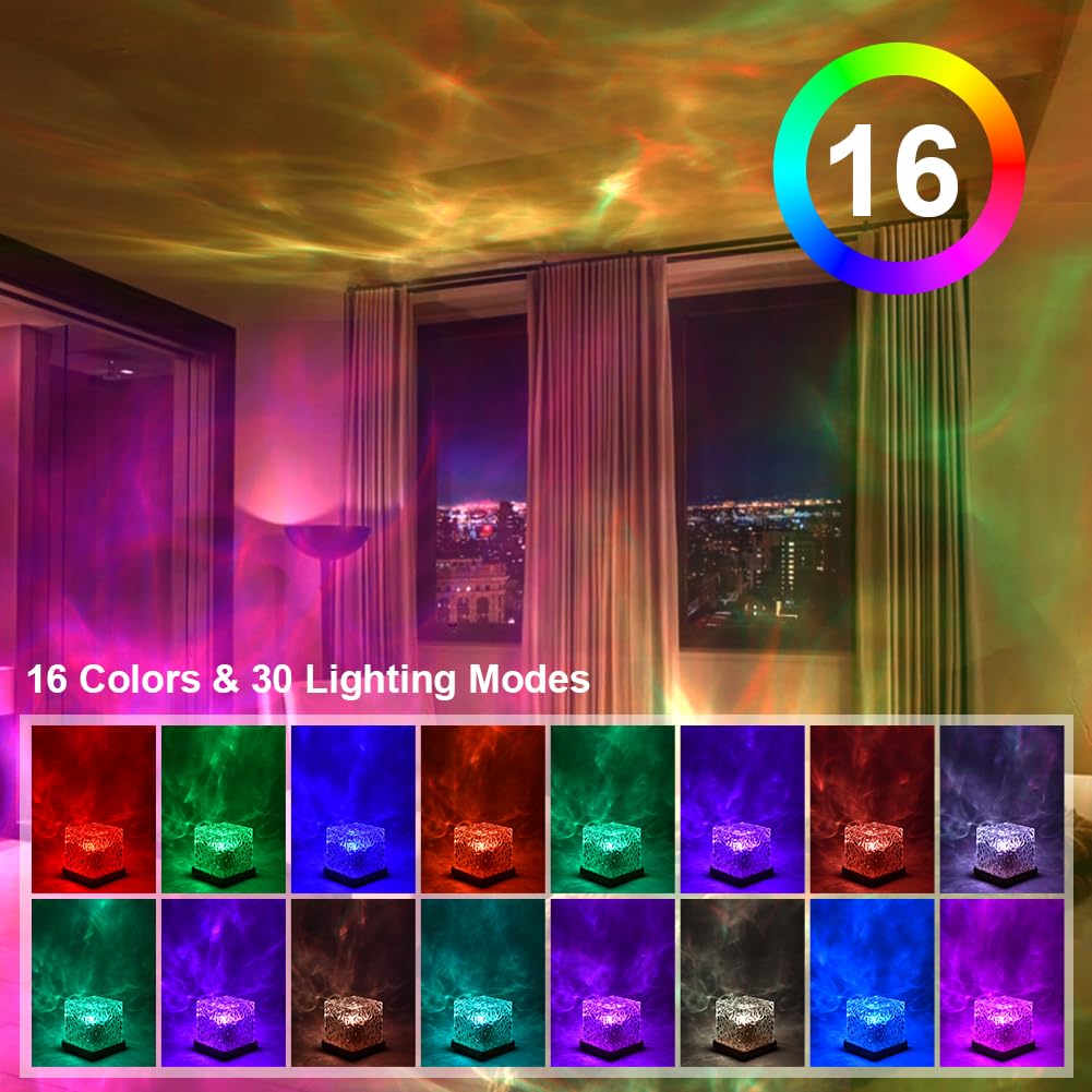 URAQT Luce Notturna con Increspatura dell'acqua, 16 Colori 30 Modalità, Luce 3D Rotante Dinamica Increspatura dell'acqua, con APP & Telecomando, Ricaricabile Dimmerabile Lampada Proiettore Bambini
