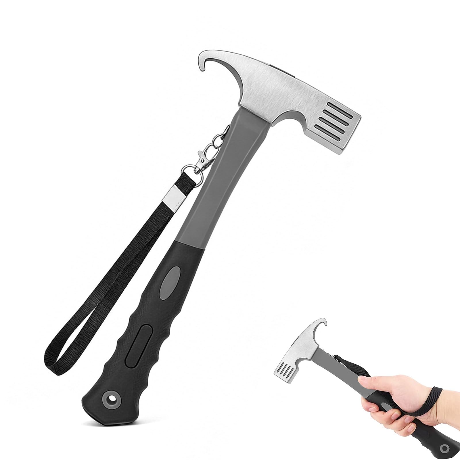 Camping Hammer Heavy Duty with Tent Stake Remover, High Carbon Steel Tent Stake Hammer with Lanyard, Rustproof Camping Mallet with Non-Slip Grip & Wrist Strap for Outdoor Camping, Picnic (Gray)