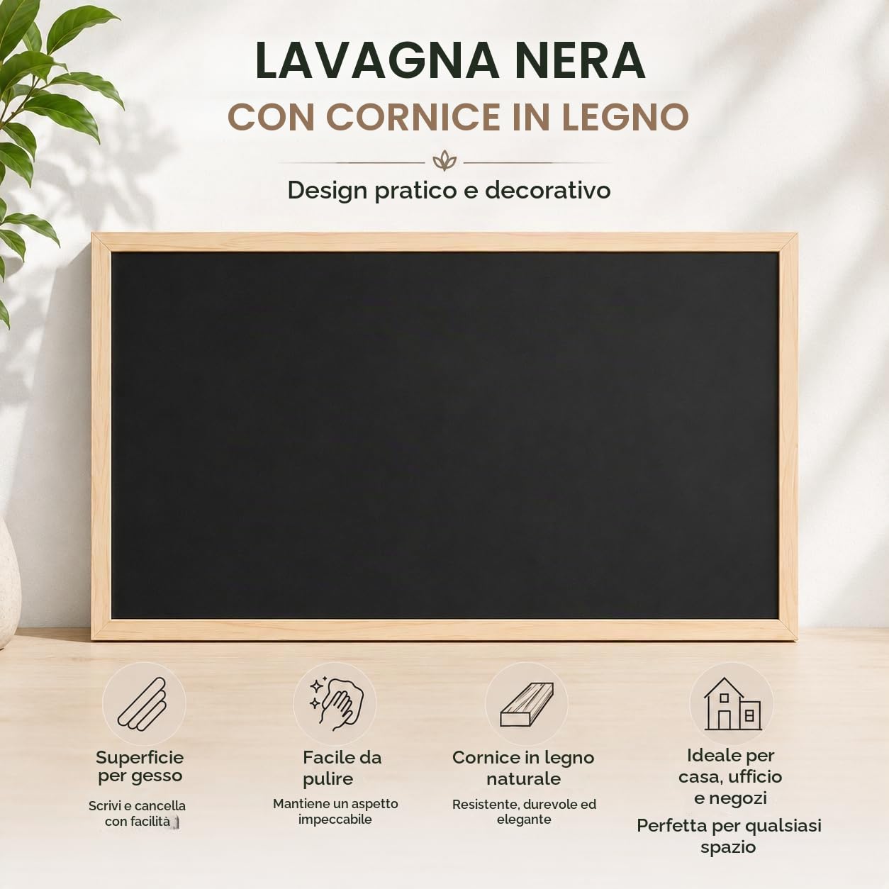 Lavagna Cancellabile Nere 60x90cm con Cornice in Legno Naturale, Lavagana Nere Cancellabile a Secco per Uso con Tiza