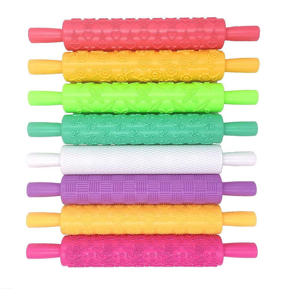 Lot de 8 rouleaux à pâtisserie en relief - Motif floral texturé - Antiadhésif - Idéal pour la décoration de gâteaux - Idéal pour fondant, tarte, biscuits, pâtisserie, glaçage, argile - Facile à