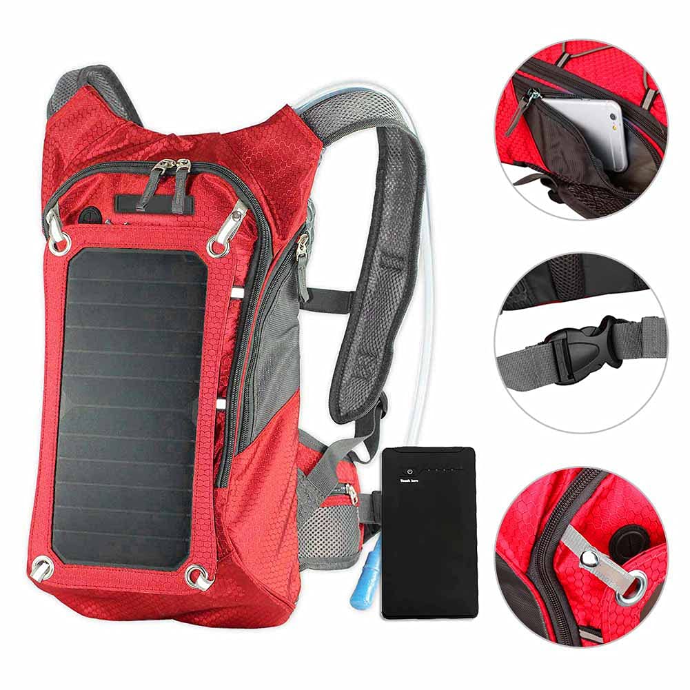 Zaino con Pannello Solare, Zaino da Esterno Multifunzionale in Nylon Resistente con Pannello Solare da 6,5 ​​W E Zaino per Sacca d'Acqua da 2 Litri per Gite in Bicicletta
