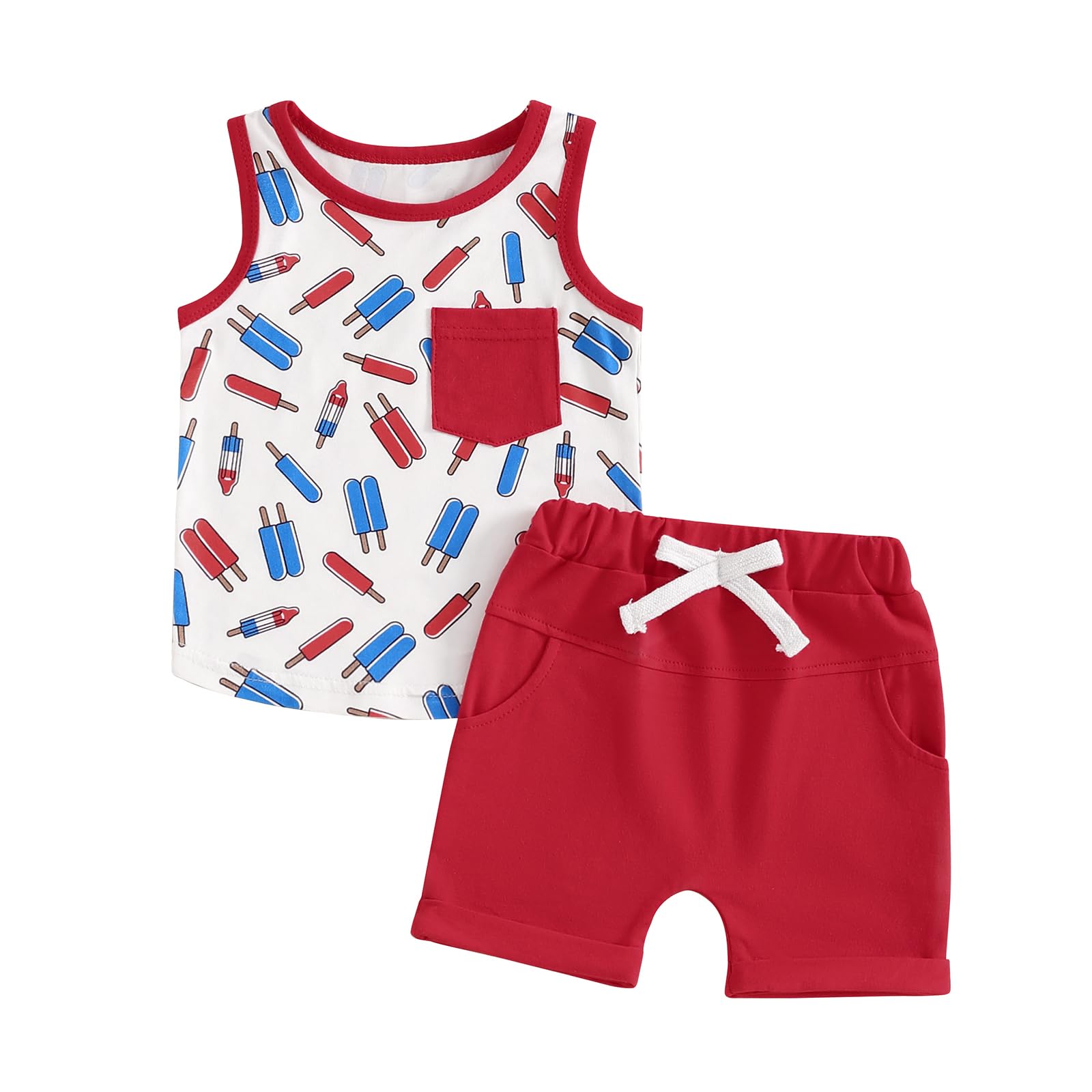 LAGKIYOJ 4th Of July Baby Boy Outfit Ice Cream Sleeveless Tank Top Drawstring Shorts Set Infant Summer Clothes For Boys (Red - Ice Cream, 6-12 Months)
