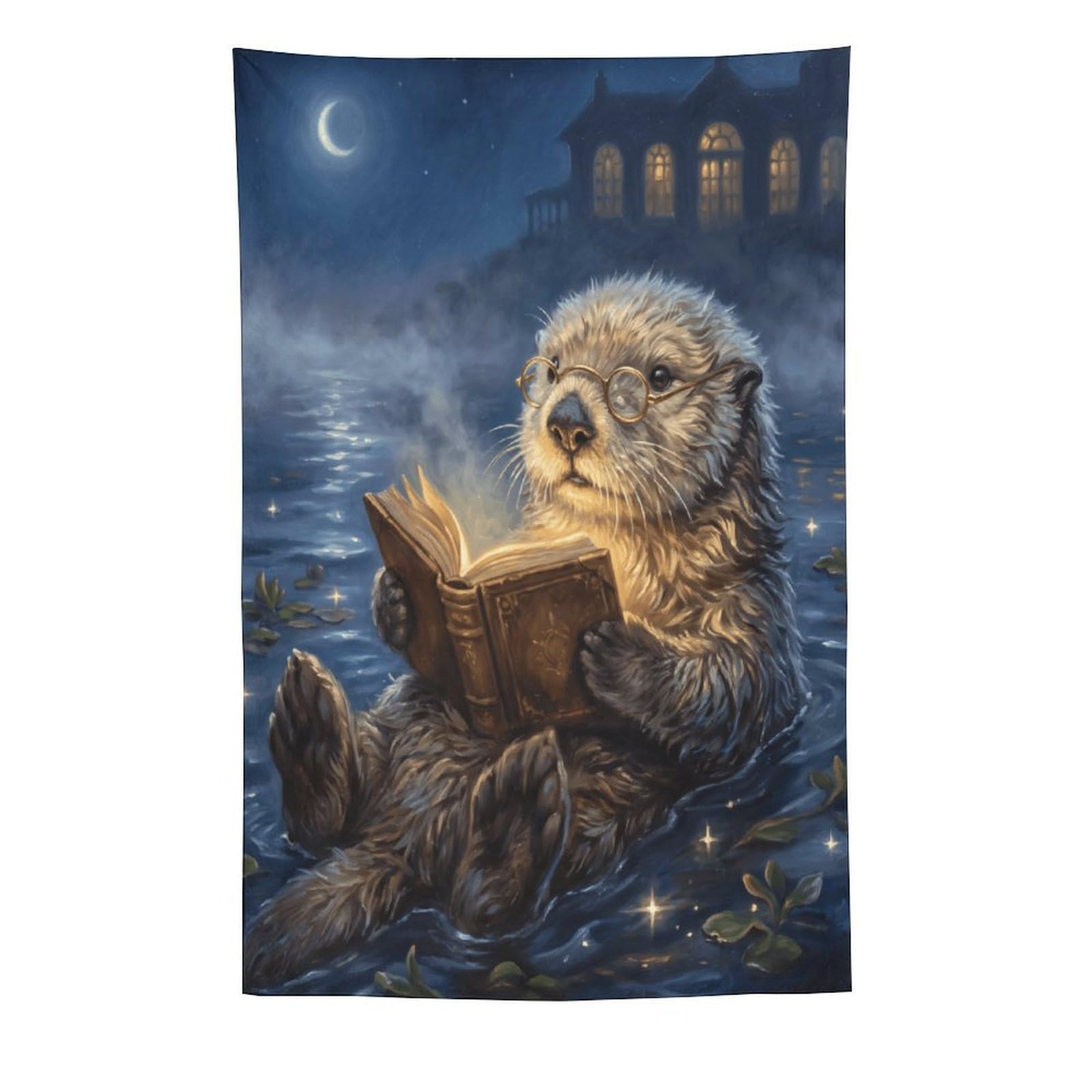 W7C8U2X3 Moonlit Reading Otter Wall Tapestry, Oil Painting, Ceiling Hanging