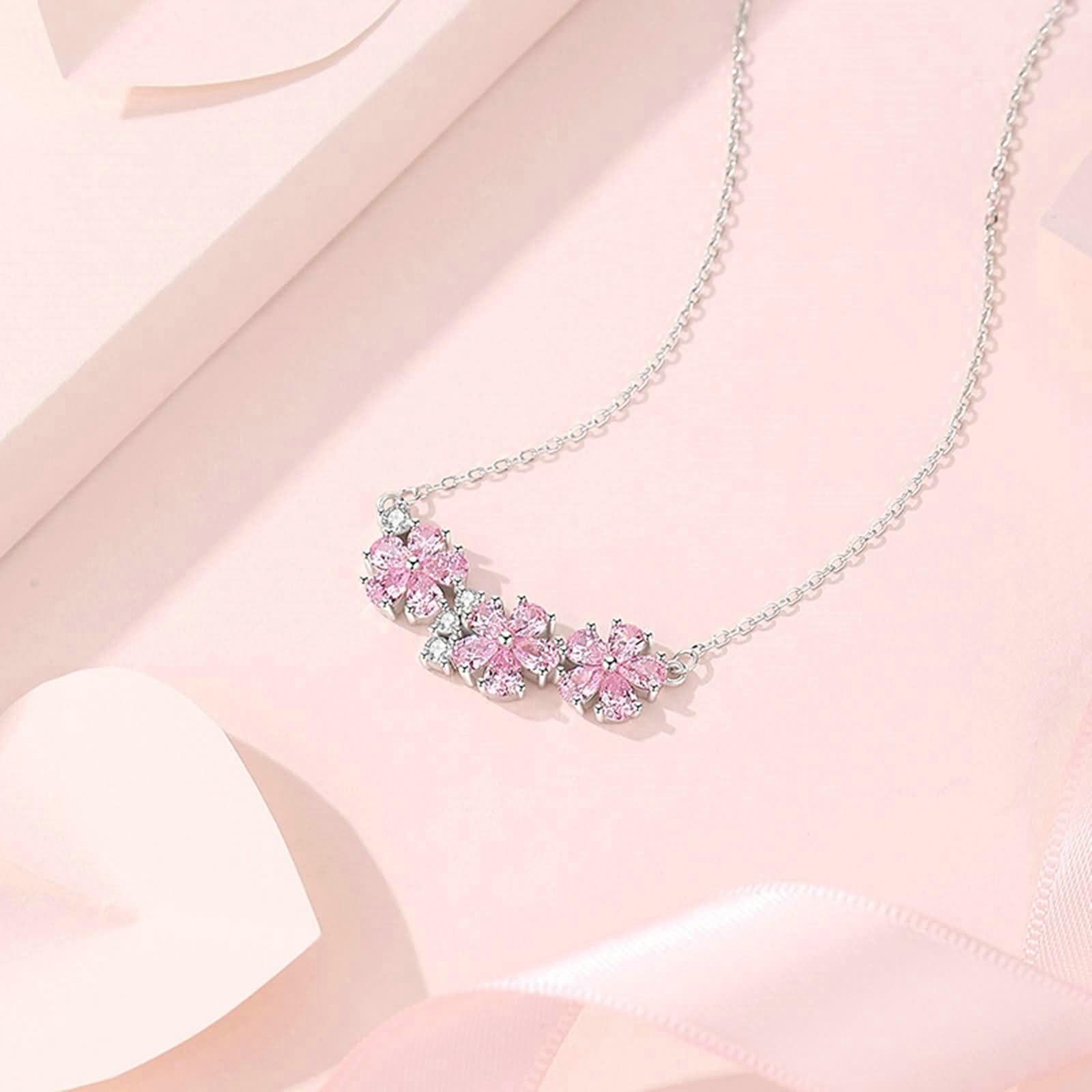 Collar de platino con colgante para mujer, colgante de flores con zafiro rosa y moissanita, collar de boda, cadena de oro blanco, 45 cm