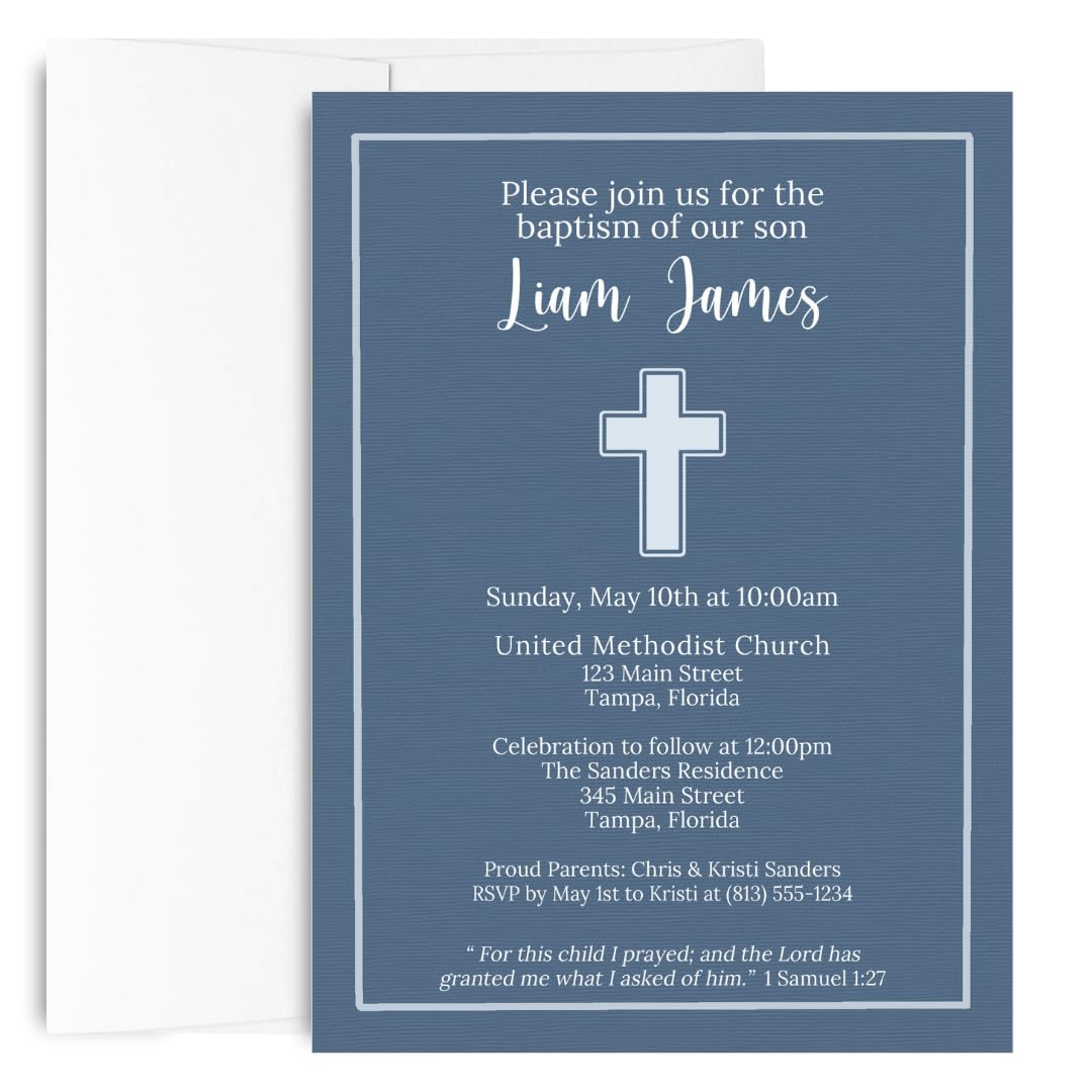 Baptism Confirmation First Communion Personalized Invitations Boy Cross Invite (12 count)