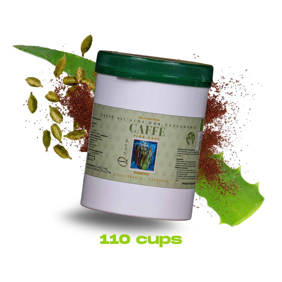 Aloe Center Café con Aloe y Cardamomo - Arábica 100% – Con extracto de Aloe arborescens, 400 g para 110 tazas – Café natural gourmet para cafetera moka clásica, calidad prémium