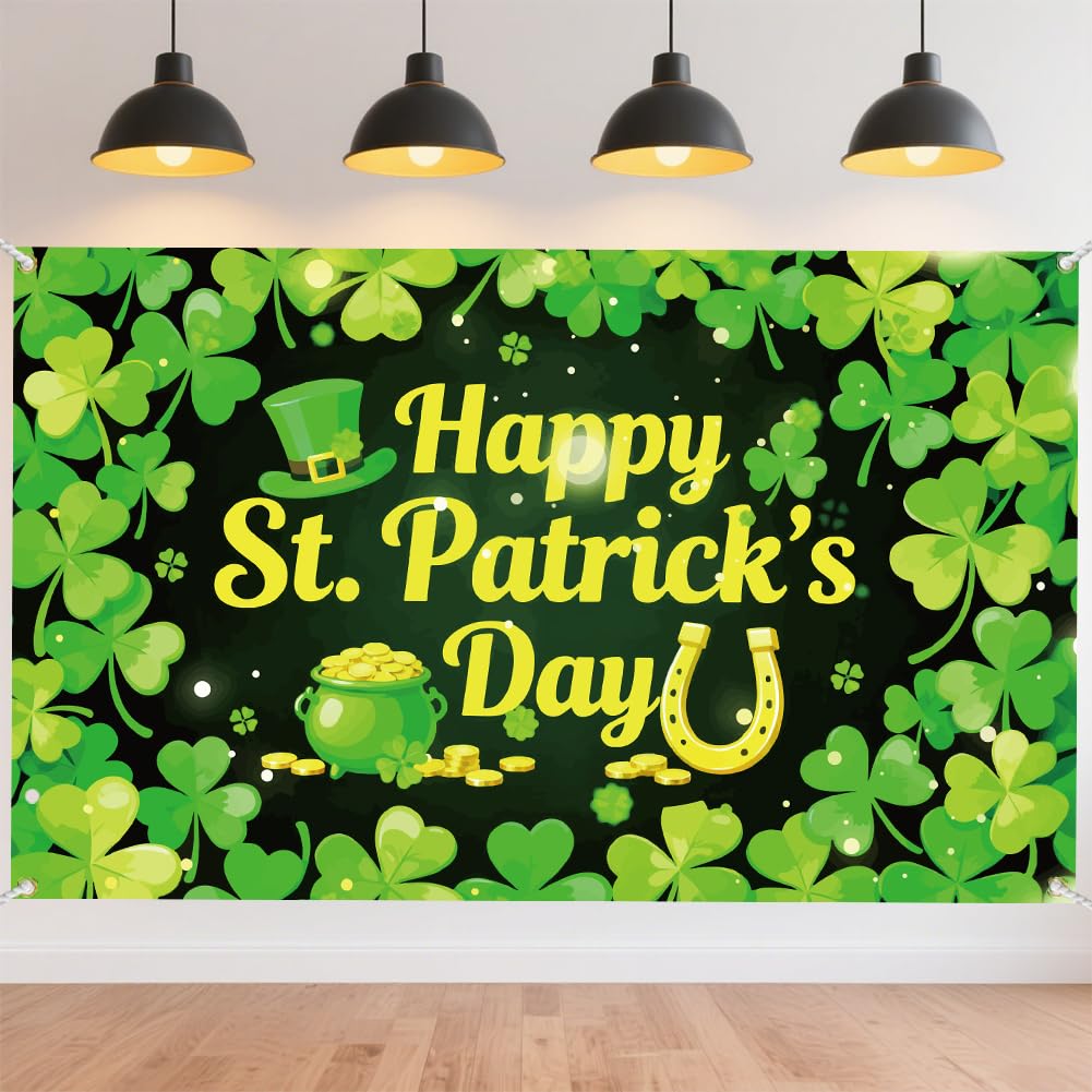 CRAFTYMELODY Happy St. Patrick's Banner 72×44 Inch Large Shamrock Backdrop Green Clover Lucky Day Backdrop Holiday Party Decor Wall Banner Background Indoor Outdoor Decor with Grommet 3.2 Yard String