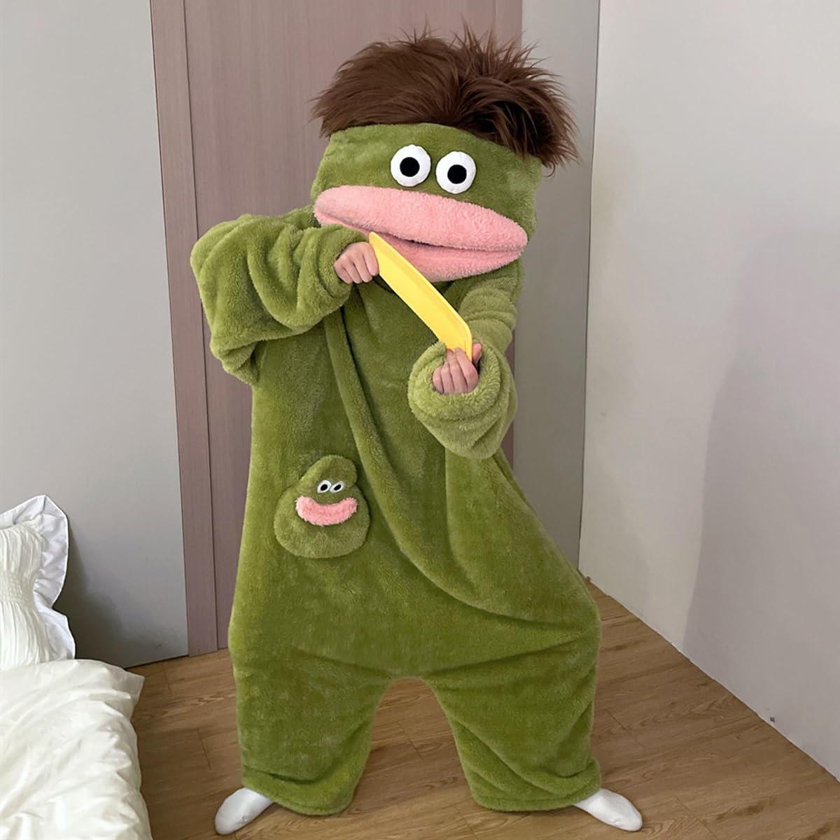 EHOTER Silly Combinaison pyjama unisexe à capuche en peluche ultra douce pour adulte - Vêtement d'intérieur vert - Monstre amusant à grande bouche - Vêtement d'intérieur pour soirées cinéma, famille