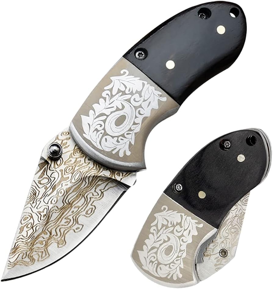 STARDW Small Folding Pocket Knife for Men Women,Damascus Pattern Folding Utility Knife,Box Cutter,Cool EDC Knife for Outdoor,Camping,Hiking,Gifts for Dad Husband Men (B)