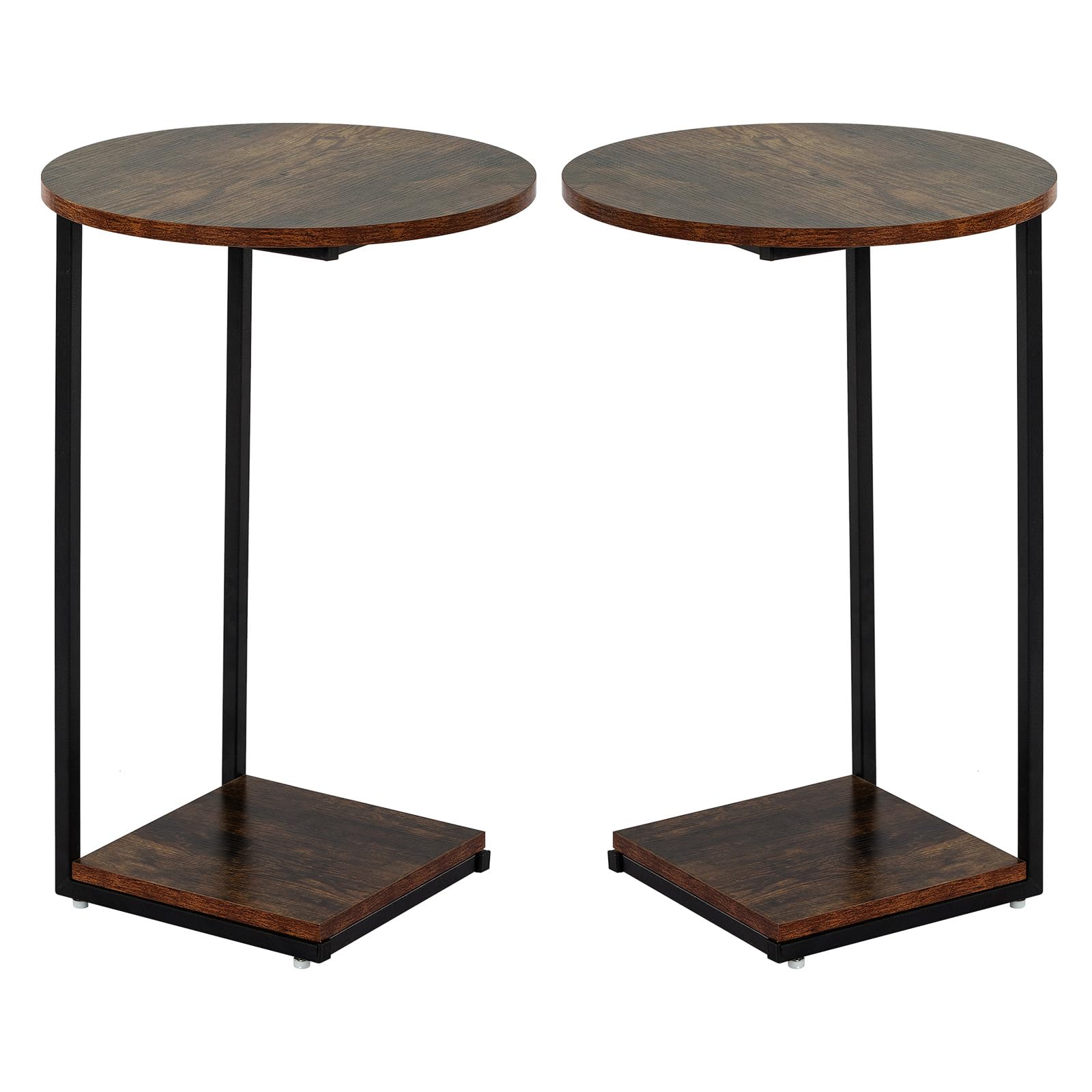 HDANI Mesa Auxiliar en Forma de C, Mesa de Sofá, Mesa de Cama, Mesilla de Noche Redonda, Mesa de Centro para Salón y Sala de Estar, Marrón Rústico y Negro, 40×40×60cm, Juego de 2