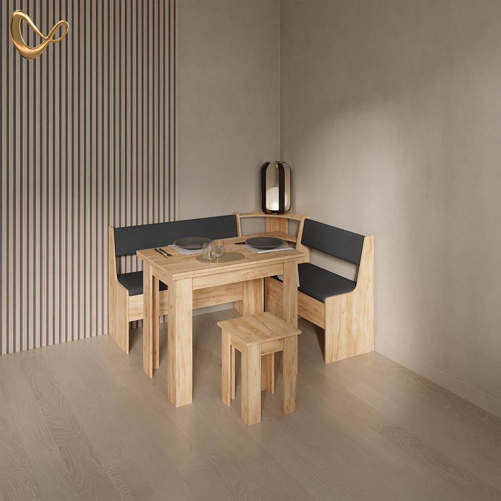 Livinity Conjunto con Banco esquinero Tiberio, Roble Dorado, 150 x 120 cm con Mesa