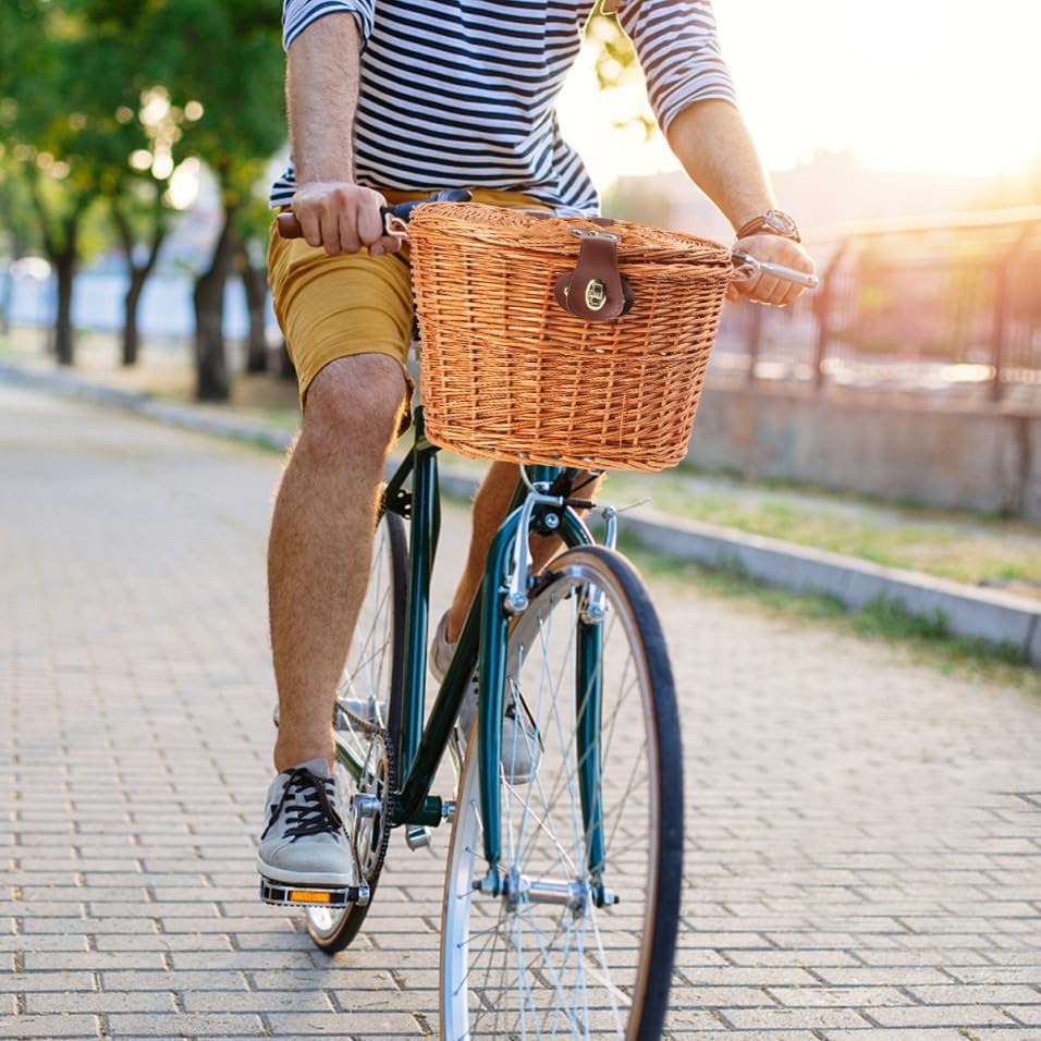Cestino Bicicletta Anteriore in Vimini Marrone, Cestello per Bicicletta con Coperchio, Stile Creativo, per Bici e Spesa