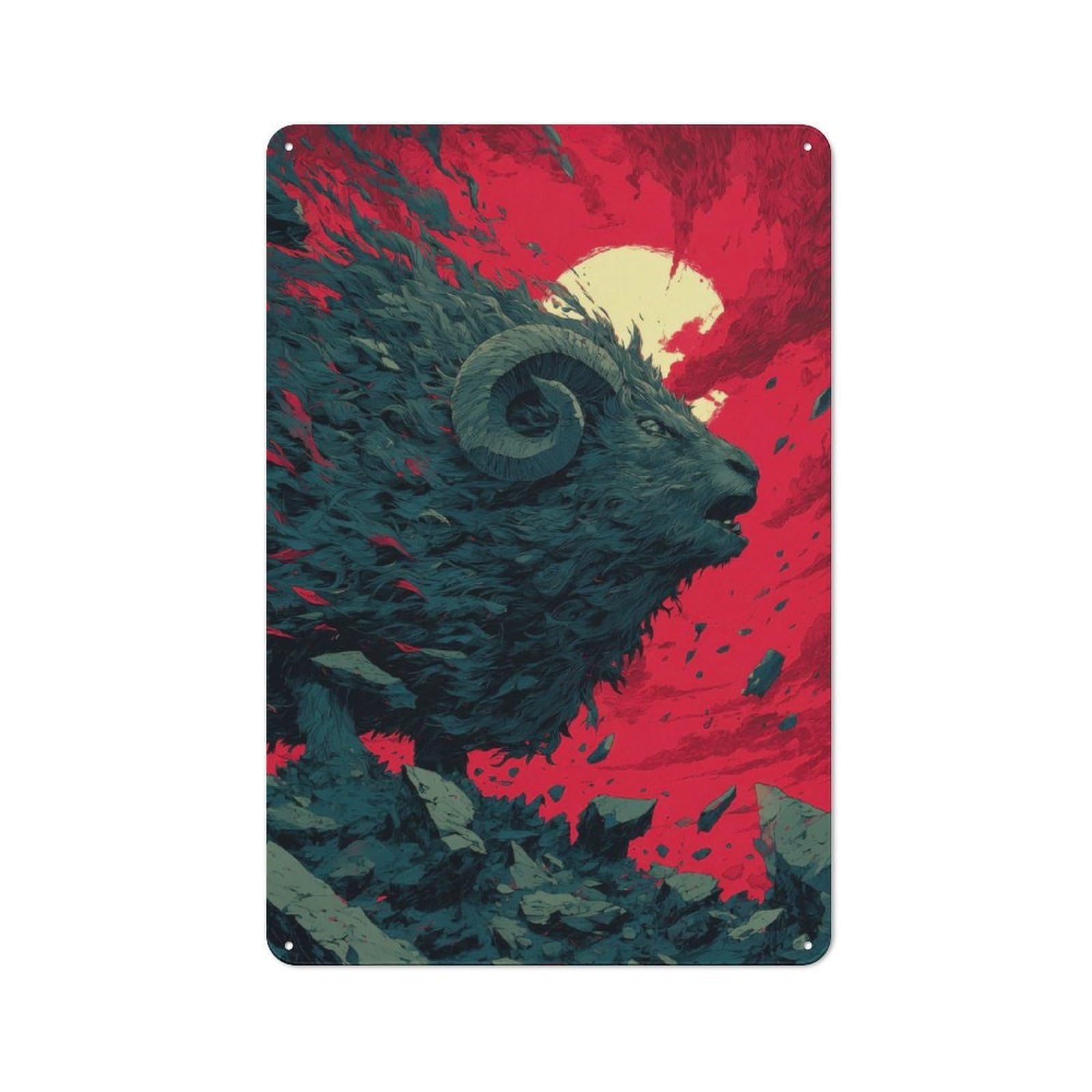 Junmoney Style-9 Stylized Ram Illustration With Red Background Printed Metal Sign 30X20cm For Lounge Or Reading Corner, For Retro Home Interiors, For Garage And Workshop Walls
