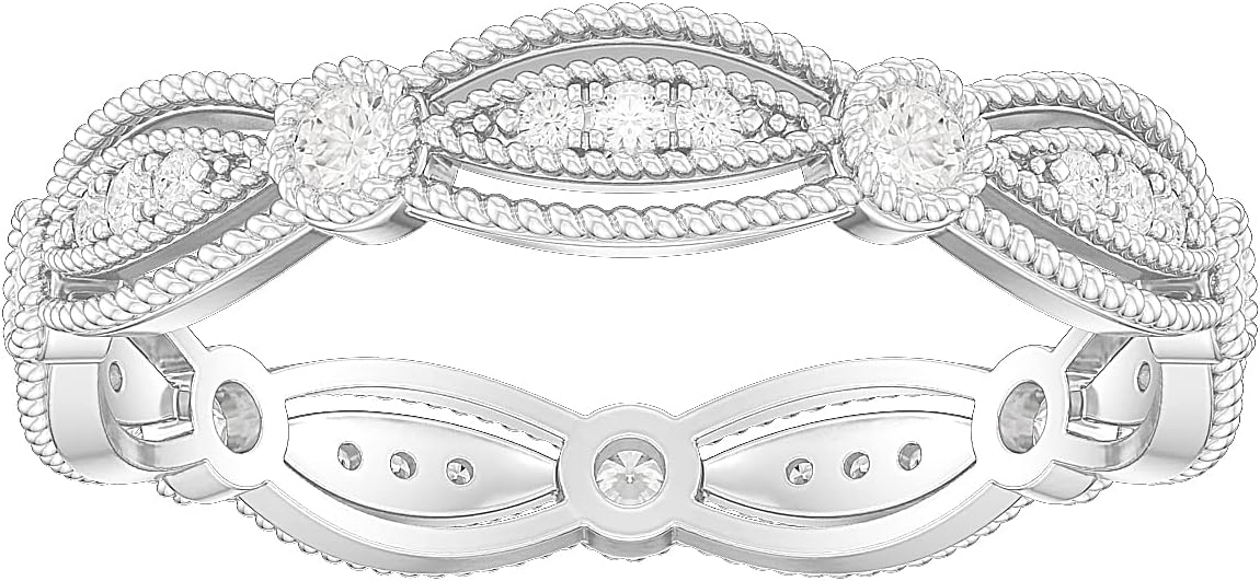 10K White Gold Fancy Marquise Shape Milgrain Simulated Round Brilliant Diamond or Genuine Moissanite Ring Wedding Band