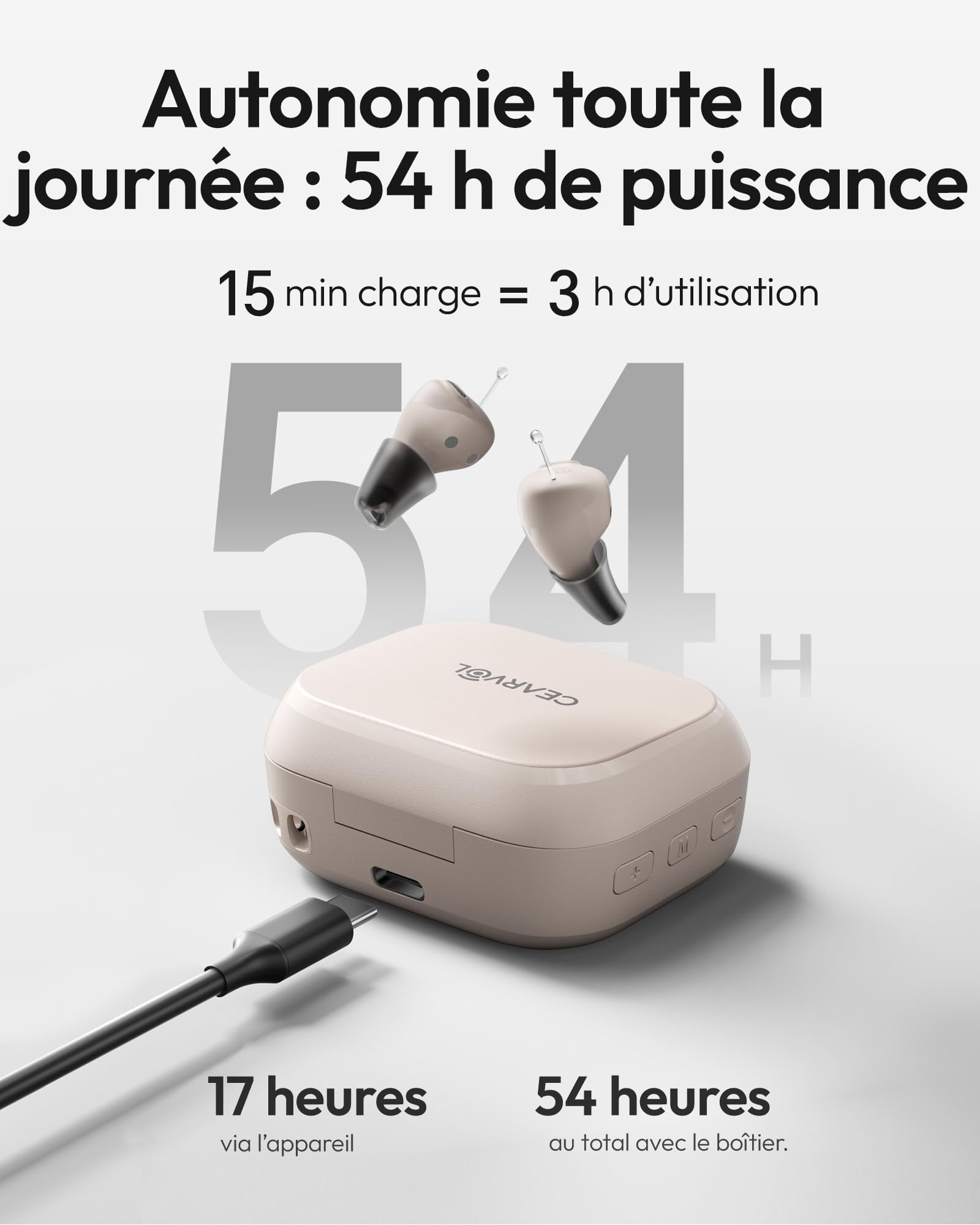 Nano Amplificateur auditif avec Étui de Charge, Contrôle Tout-en-un, 3 Modes et 3 Programmes Sonores, Design Discret, Lumière Stellaire