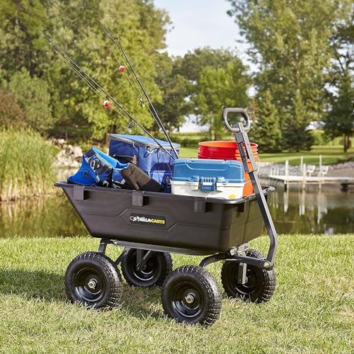 Gorilla Carts Heavy-Duty Poly Yard Dump Cart, 6 Cu Ft Tub, 1200 lb Haul Capacity, Black – Towable Utility Wagon with Quick-Release Dumping & Pneumatic Tires for Landscaping and Gardening