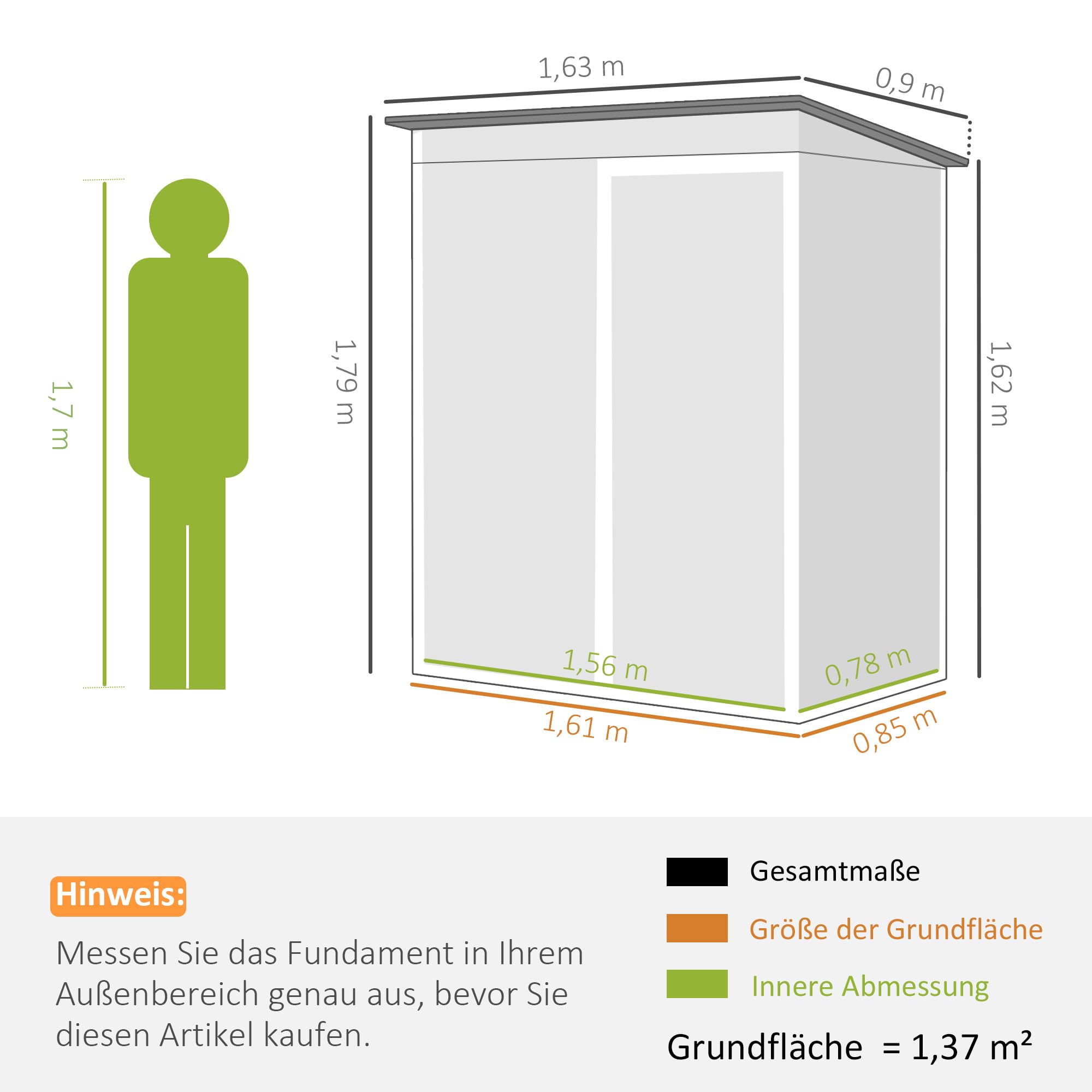 Outsunny Metalowy schowek na narzędzia 1,37 m², zamykany schowek z pochyłym dachem, wentylacją, rękawicami, 163 x 90 x 179 cm, odporny na warunki pogodowe, do ogrodu, tarasu, podwórka, ciemnoszary