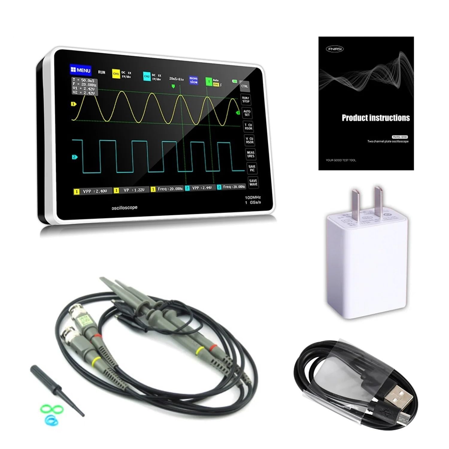 Osciloscopio, Osciloscopio profesional for tableta, pantalla táctil LCD de 100MHz, 2 canales, 1GS/s, 7"